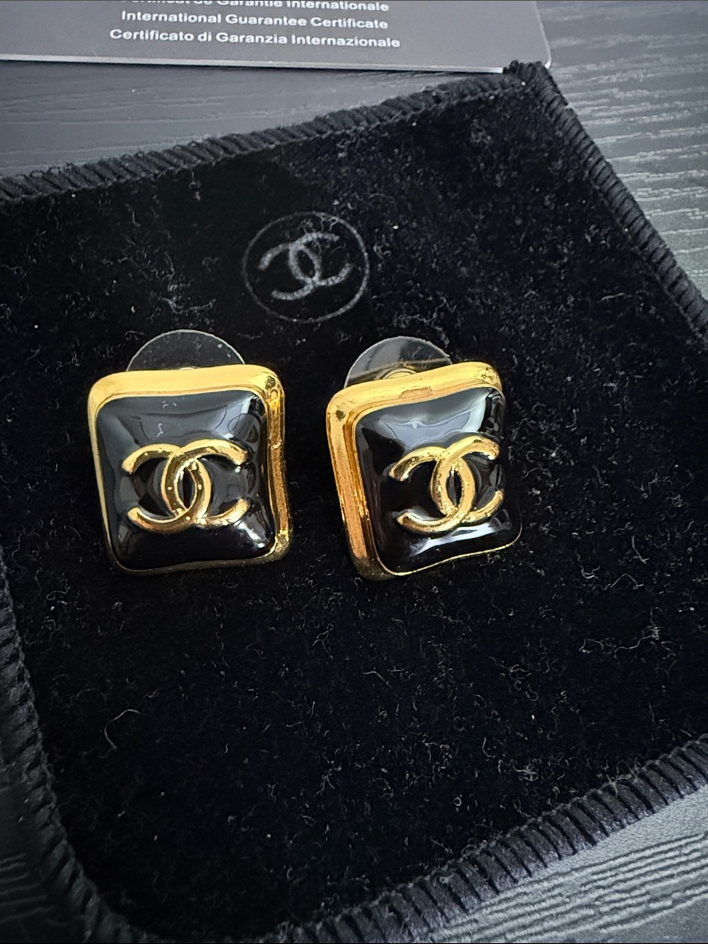CHANEL Black and Gold Square CC Clip-On Earrings